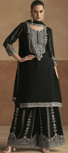 Festive, Party Wear, Reception Black and Grey color Salwar Kameez in Silk fabric with Straight Embroidered, Resham, Sequence, Thread work : 1975402