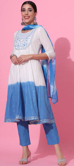 Blue, White and Off White color Salwar Kameez in Cotton fabric with Embroidered, Gota Patti, Thread work