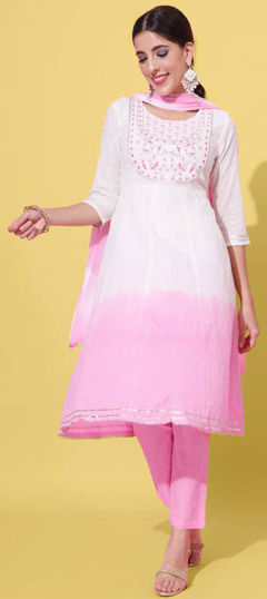 Pink and Majenta, White and Off White color Salwar Kameez in Cotton fabric with Embroidered, Gota Patti, Thread work