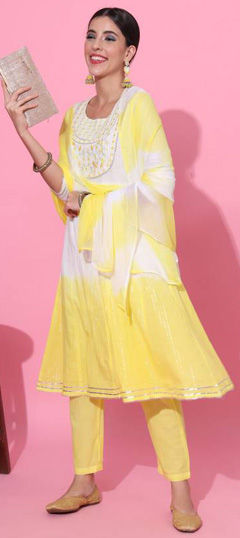 White and Off White, Yellow color Salwar Kameez in Cotton fabric with Embroidered, Gota Patti, Thread work