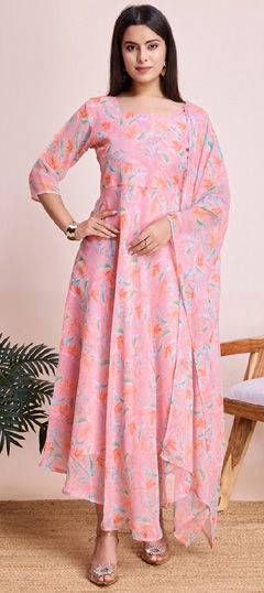 Pink and Majenta color Gown in Georgette fabric with Printed work