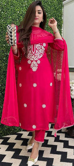 Red and Maroon color Salwar Kameez in Rayon fabric with Embroidered work