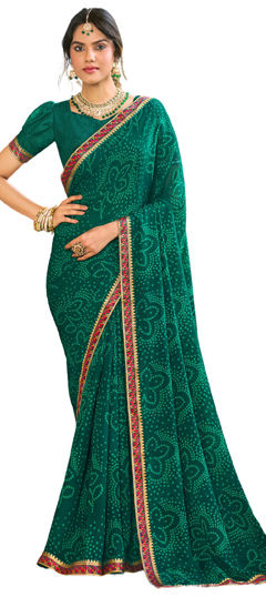 Green color Saree in Georgette fabric with Bandhej, Border, Printed work