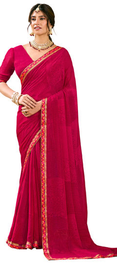 Red and Maroon color Saree in Georgette fabric with Border, Printed work