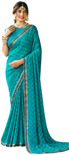 Blue color Saree in Georgette fabric with Border, Printed work