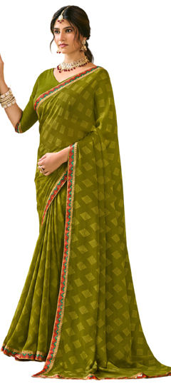 Green color Saree in Georgette fabric with Border, Printed work