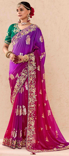 Pink and Majenta, Purple and Violet color Saree in Viscose fabric with Border, Embroidered, Resham, Stone, Weaving, Zari work