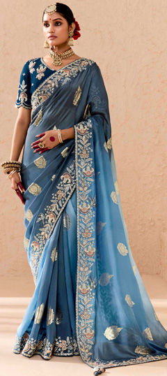 Blue color Saree in Viscose fabric with Border, Embroidered, Resham, Stone, Weaving, Zari work