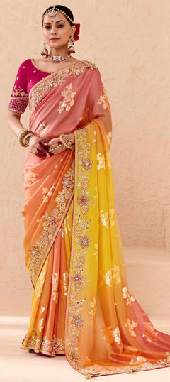 Pink and Majenta, Yellow color Saree in Viscose fabric with Border, Embroidered, Resham, Stone, Weaving, Zari work