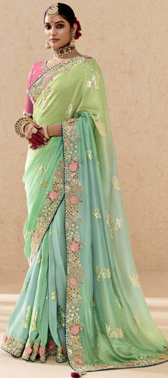 Green color Saree in Viscose fabric with Border, Embroidered, Resham, Stone, Weaving, Zari work