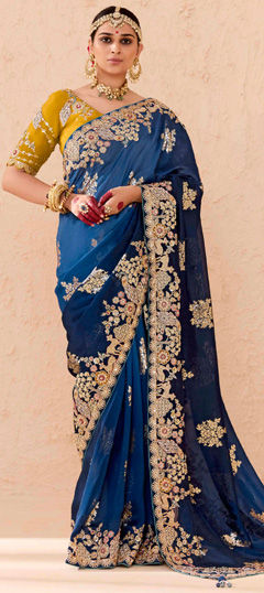 Blue color Saree in Viscose fabric with Border, Embroidered, Resham, Stone, Weaving, Zari work