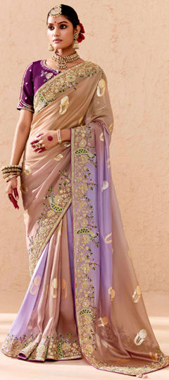 Beige and Brown color Saree in Viscose fabric with Border, Embroidered, Resham, Stone, Weaving, Zari work
