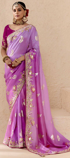 Pink and Majenta color Saree in Viscose fabric with Border, Embroidered, Resham, Stone, Weaving, Zari work