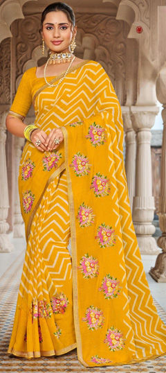 Yellow color Saree in Chiffon fabric with Border, Embroidered, Printed, Resham, Thread work