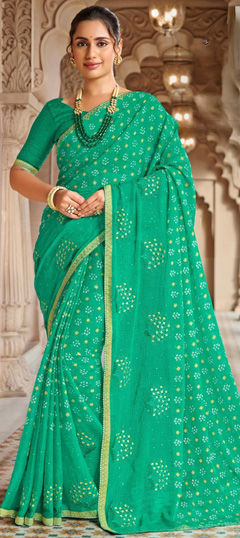 Green color Saree in Chiffon fabric with Border, Embroidered, Printed, Resham, Thread work