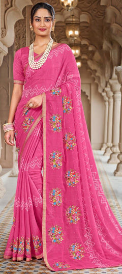 Pink and Majenta color Saree in Chiffon fabric with Border, Embroidered, Printed, Resham, Thread work