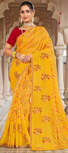 Yellow color Saree in Chiffon fabric with Border, Embroidered, Printed, Resham, Thread work