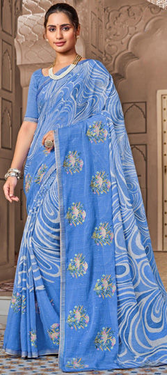 Blue color Saree in Chiffon fabric with Border, Embroidered, Printed, Resham, Thread work