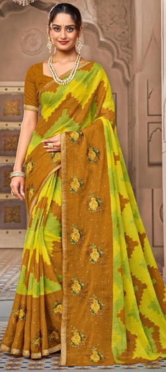 Multicolor color Saree in Chiffon fabric with Border, Embroidered, Printed, Resham, Thread work