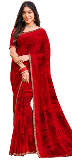 Red and Maroon color Saree in Chiffon fabric with Lace, Printed work