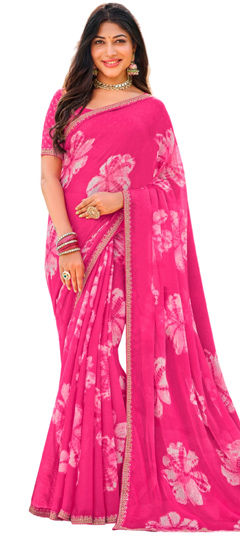 Pink and Majenta color Saree in Chiffon fabric with Lace, Printed, Tye n Dye work