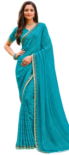 Blue color Saree in Chiffon fabric with Lace, Printed work