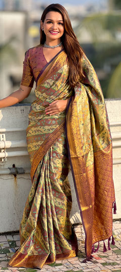 Beige and Brown color Saree in Silk fabric with Printed, Weaving work