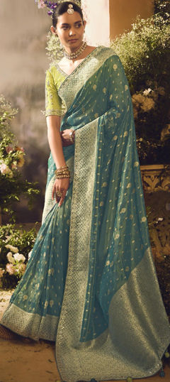 Green color Saree in Silk fabric with Thread, Weaving, Zari work