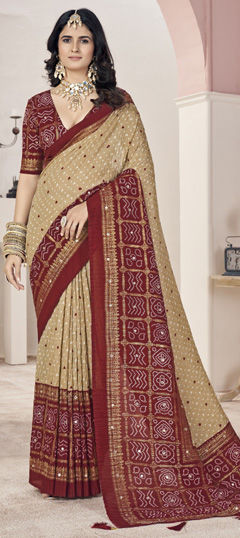 Beige and Brown, Red and Maroon color Saree in Jacquard fabric with Bandhej, Printed work