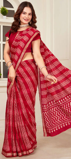 Casual, Traditional Red and Maroon color Saree in Cotton fabric with Bengali Zari work : 1975564