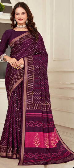 Casual, Traditional Purple and Violet color Saree in Cotton fabric with Bengali Zari work : 1975567