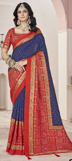 Blue, Red and Maroon color Saree in Jacquard fabric with Bandhej, Printed work