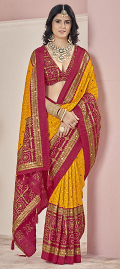 Red and Maroon, Yellow color Saree in Jacquard fabric with Bandhej, Printed work