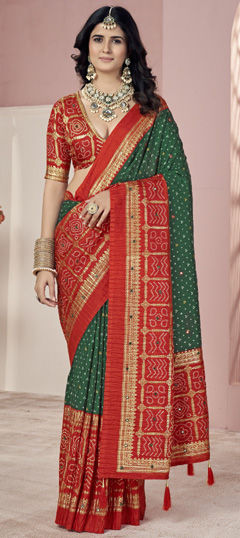 Green, Red and Maroon color Saree in Jacquard fabric with Bandhej, Printed work