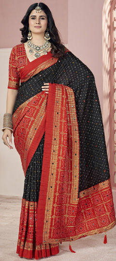 Black and Grey, Red and Maroon color Saree in Jacquard fabric with Bandhej, Printed work