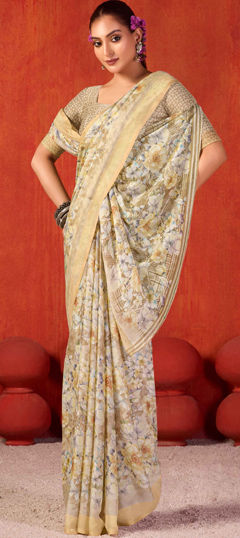 Beige and Brown color Saree in Silk fabric with Floral, Printed work