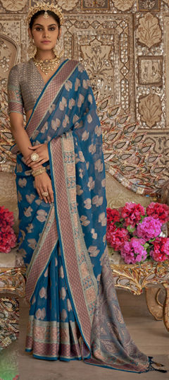 Blue color Saree in Georgette fabric with Weaving work