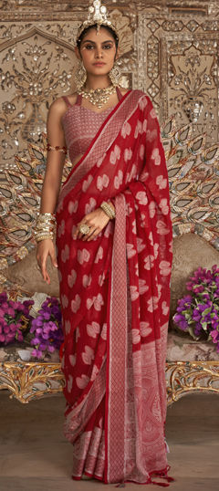 Red and Maroon color Saree in Georgette fabric with Weaving work