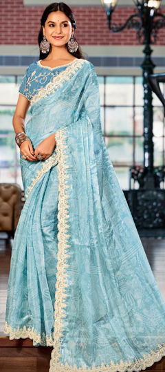 Blue color Saree in Silk fabric with Embroidered, Printed, Thread work