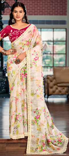 White and Off White color Saree in Silk fabric with Embroidered, Floral, Printed, Thread work