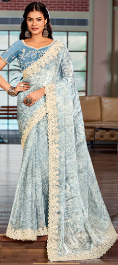 Blue color Saree in Silk fabric with Embroidered, Printed, Thread work