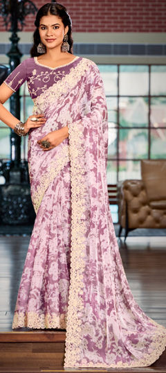 Pink and Majenta color Saree in Silk fabric with Embroidered, Floral, Printed, Thread work