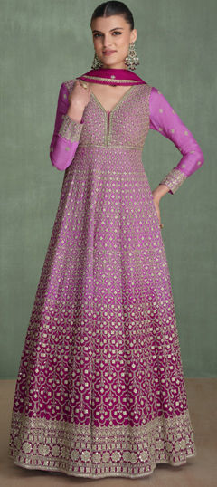 Pink and Majenta color Gown in Georgette, Silk fabric with Embroidered, Stone, Swarovski, Thread work