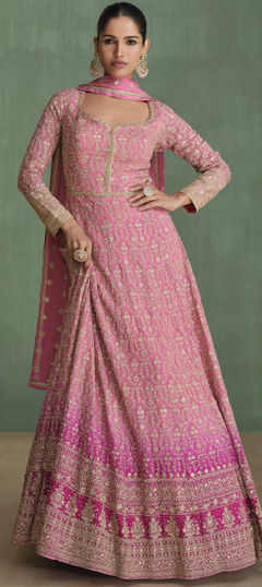 Pink and Majenta color Gown in Georgette, Silk fabric with Embroidered, Stone, Swarovski, Thread work