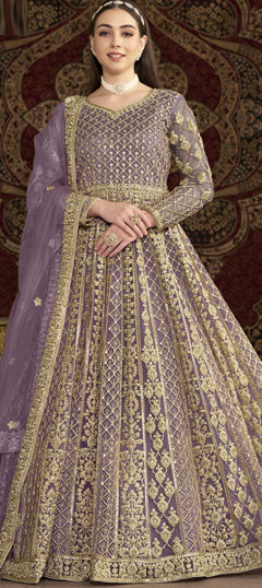 Purple and Violet color Salwar Kameez in Net fabric with Embroidered, Sequence, Thread, Zari work