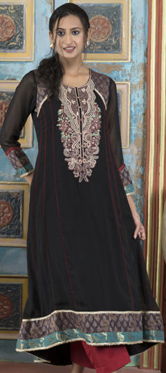 Festive, Party Wear Black and Grey color Kurti in Georgette fabric with Anarkali, Long Sleeve Embroidered, Thread work : 1975672