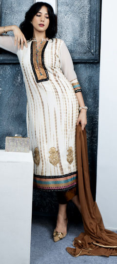 White and Off White color Salwar Kameez in Georgette fabric with Embroidered, Mirror, Printed, Thread, Tye n Dye work