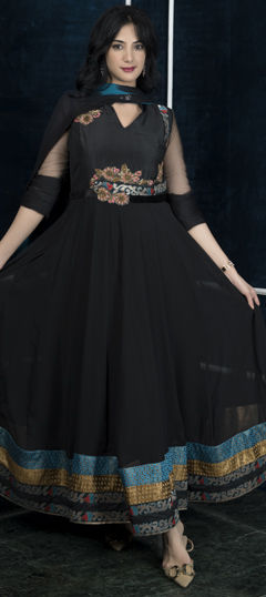 Black and Grey color Salwar Kameez in Georgette fabric with Embroidered, Thread, Zardozi work