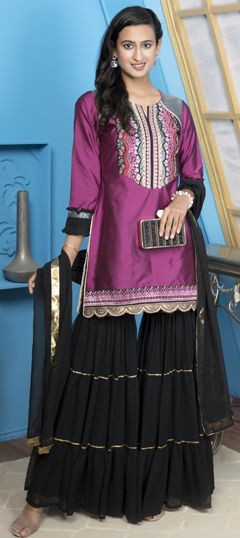 Pink and Majenta color Salwar Kameez in Silk cotton fabric with Embroidered, Sequence, Thread, Zari work