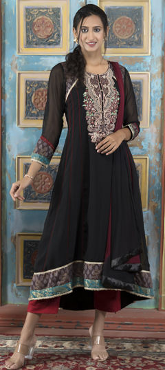 Black and Grey color Salwar Kameez in Georgette fabric with Embroidered, Thread work